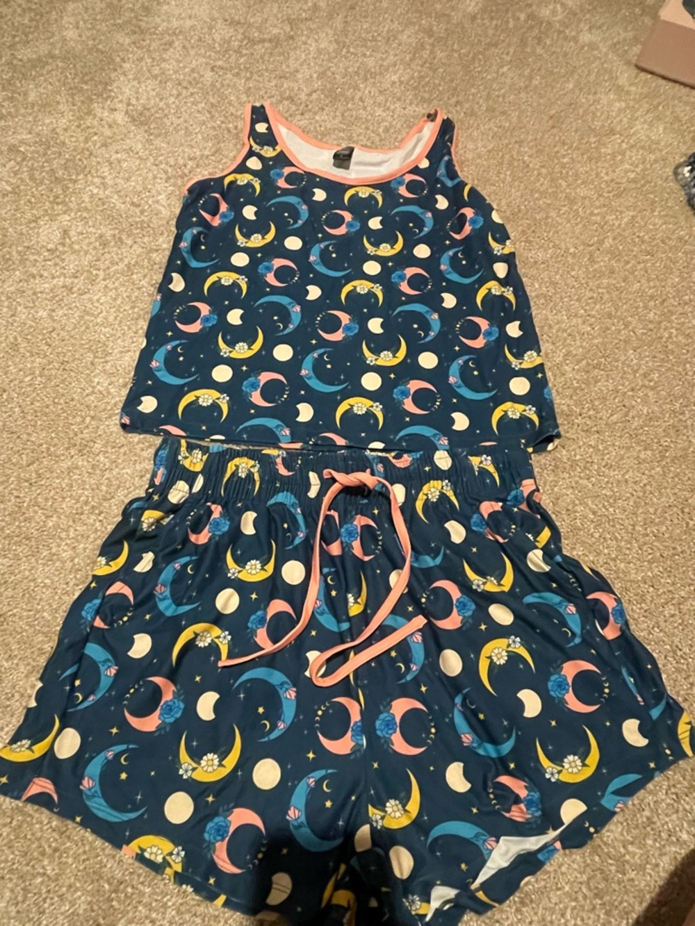 POP Fit Navy Moon & Floral Tank Top and Shorts Pajama Set in Pink and Yellow